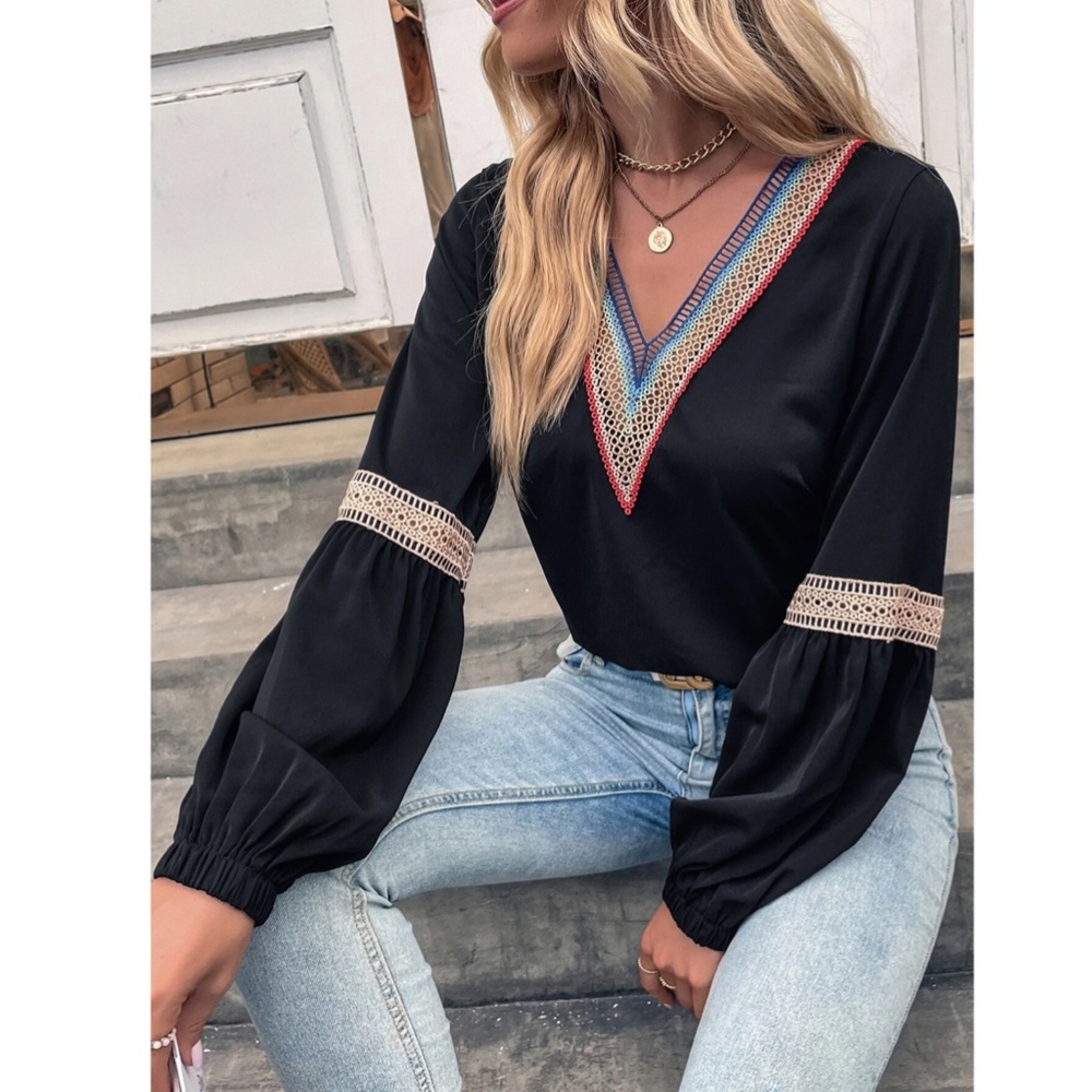 Eylet Embroidery Trim V-Neck Boho Shirt Black , Long  Lantern Sleeve - Picture 4 of 7